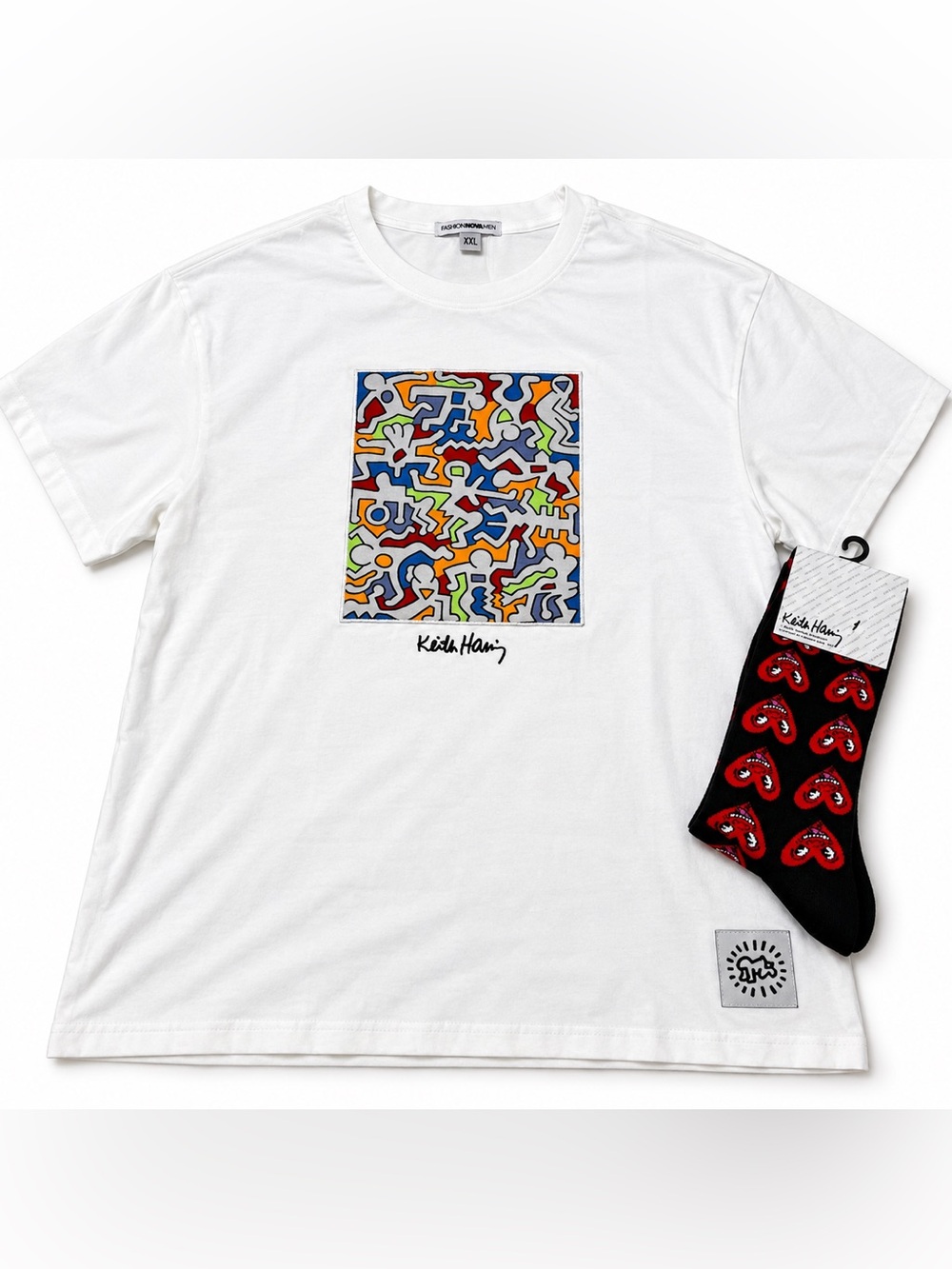 Keith Haring x Fashion Nova Pop art white T-Shirt + Socks Bundle men’s size XXL